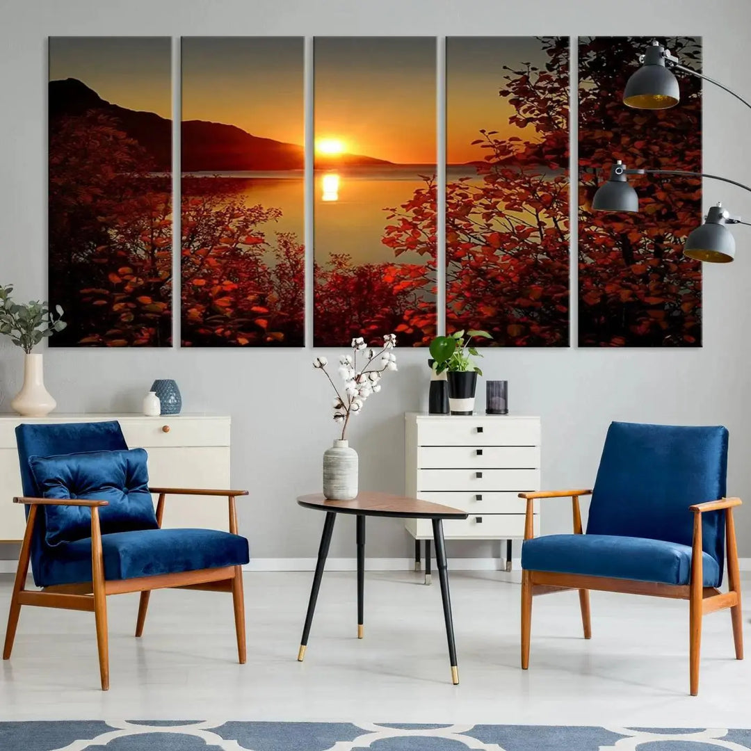 Autumn Sunset Over Lake 3-Panel Giclee Canvas Art, a large fall-themed piece depicting a tranquil nature landscape, hangs beautifully.