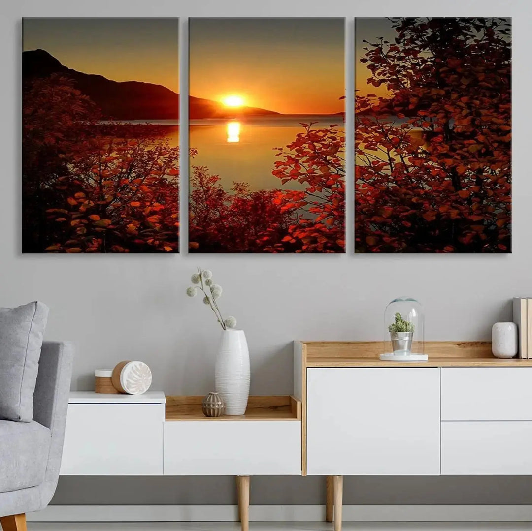 Autumn Sunset Over Lake 3-Panel Giclee Canvas Art, a large fall-themed piece depicting a tranquil nature landscape, hangs beautifully.