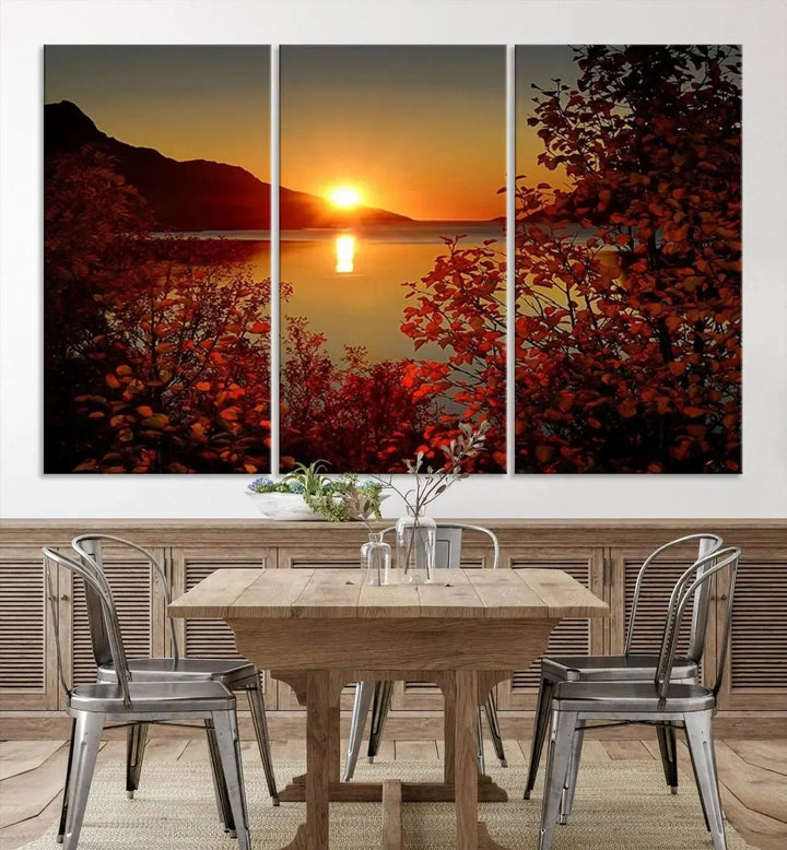 Autumn Sunset Over Lake 3-Panel Giclee Canvas Art, a large fall-themed piece depicting a tranquil nature landscape, hangs beautifully.