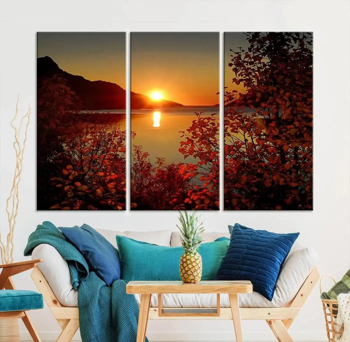 Autumn Sunset Over Lake 3-Panel Giclee Canvas Art, a large fall-themed piece depicting a tranquil nature landscape, hangs beautifully.