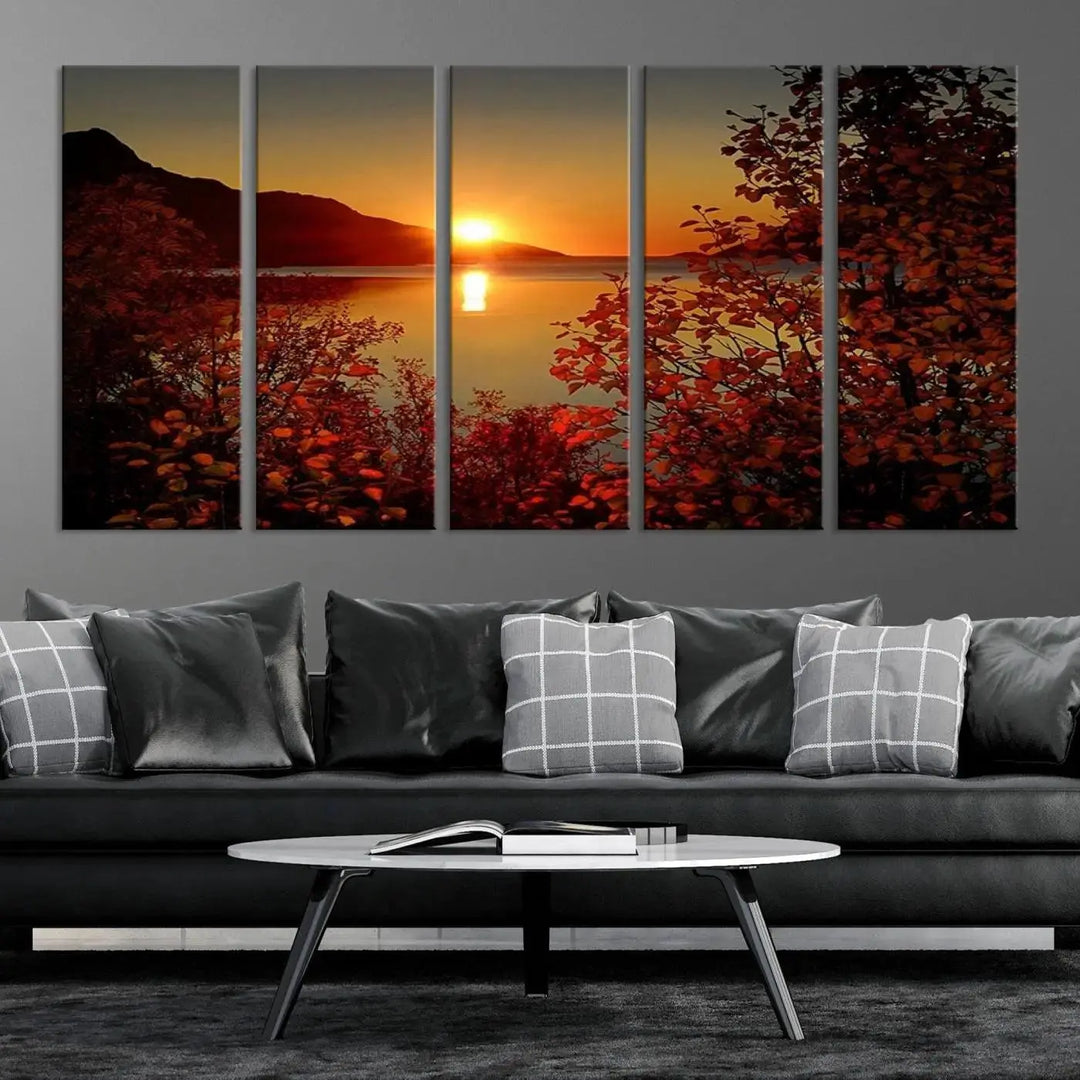 Autumn Sunset Over Lake 3-Panel Giclee Canvas Art, a large fall-themed piece depicting a tranquil nature landscape, hangs beautifully.