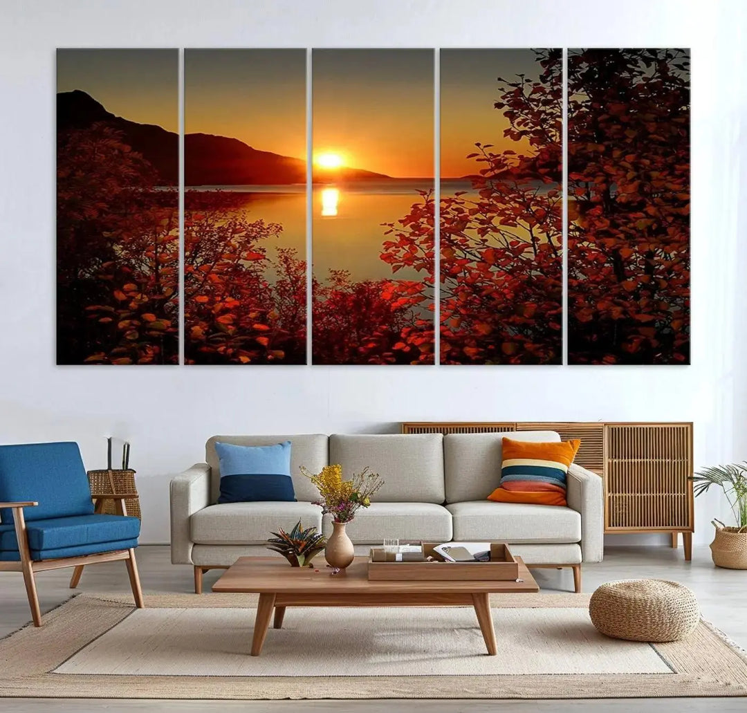 Autumn Sunset Over Lake 3-Panel Giclee Canvas Art, a large fall-themed piece depicting a tranquil nature landscape, hangs beautifully.