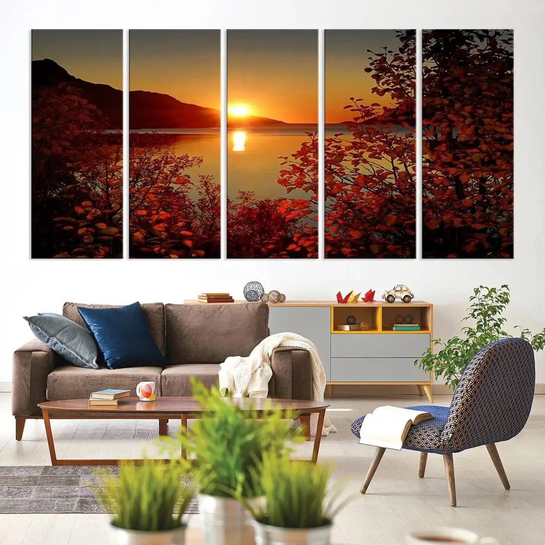 Autumn Sunset Over Lake 3-Panel Giclee Canvas Art, a large fall-themed piece depicting a tranquil nature landscape, hangs beautifully.