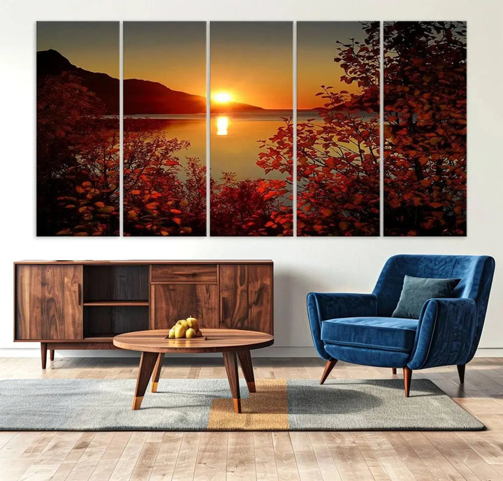 Autumn Sunset Over Lake 3-Panel Giclee Canvas Art, a large fall-themed piece depicting a tranquil nature landscape, hangs beautifully.