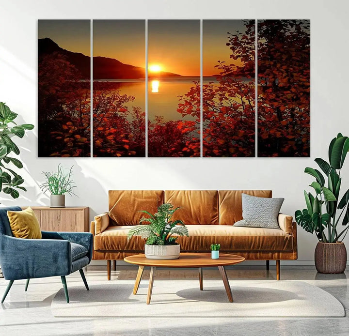 Autumn Sunset Over Lake 3-Panel Giclee Canvas Art, a large fall-themed piece depicting a tranquil nature landscape, hangs beautifully.