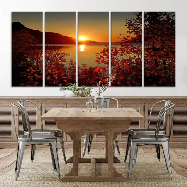 Autumn Sunset Over Lake 3-Panel Giclee Canvas Art, a large fall-themed piece depicting a tranquil nature landscape, hangs beautifully.