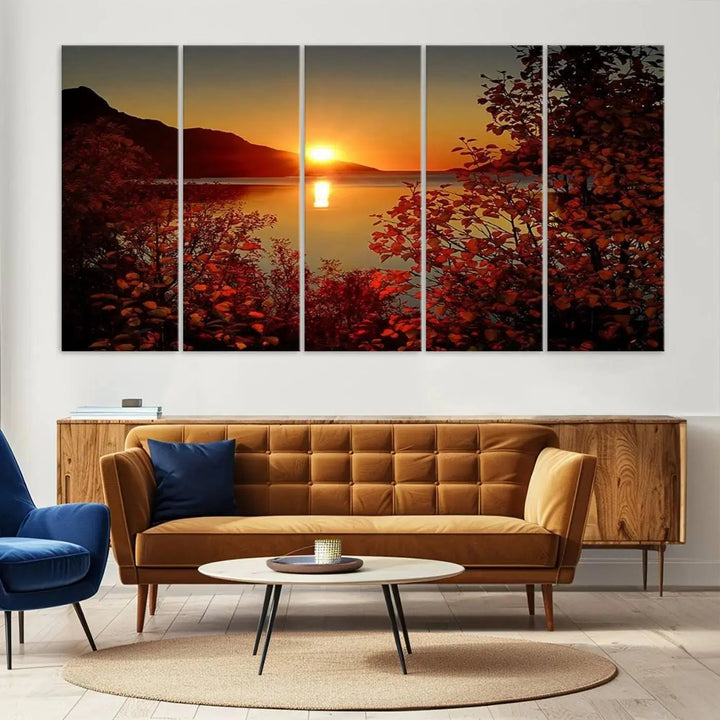 Autumn Sunset Over Lake 3-Panel Giclee Canvas Art, a large fall-themed piece depicting a tranquil nature landscape, hangs beautifully.