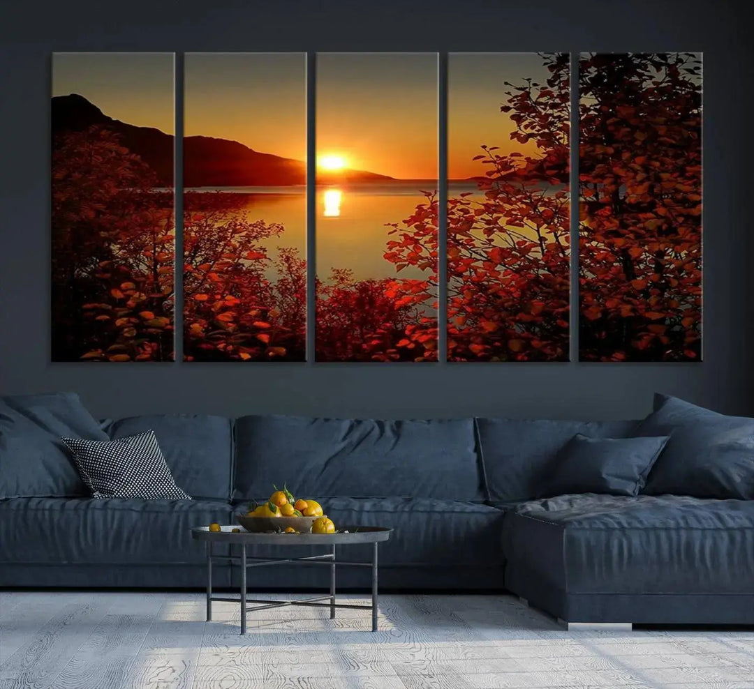 Autumn Sunset Over Lake 3-Panel Giclee Canvas Art, a large fall-themed piece depicting a tranquil nature landscape, hangs beautifully.