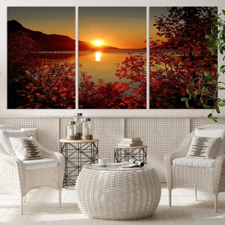 Autumn Sunset Over Lake 3-Panel Giclee Canvas Art, a large fall-themed piece depicting a tranquil nature landscape, hangs beautifully.