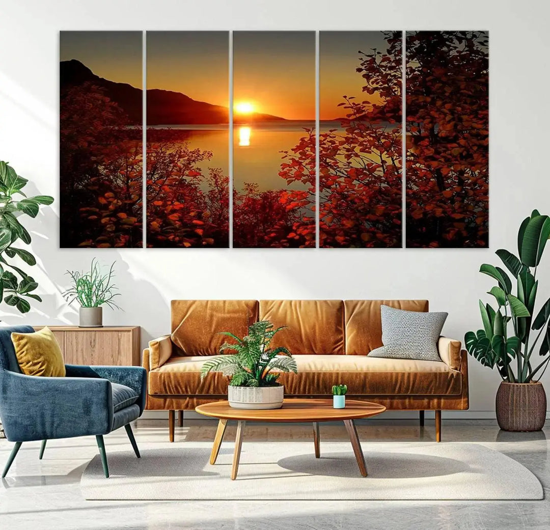 Autumn Sunset Over Lake 3-Panel Giclee Canvas Art, a large fall-themed piece depicting a tranquil nature landscape, hangs beautifully.