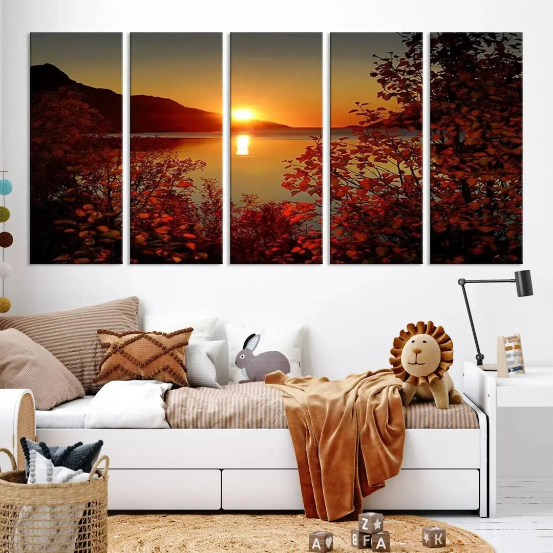 Autumn Sunset Over Lake 3-Panel Giclee Canvas Art, a large fall-themed piece depicting a tranquil nature landscape, hangs beautifully.