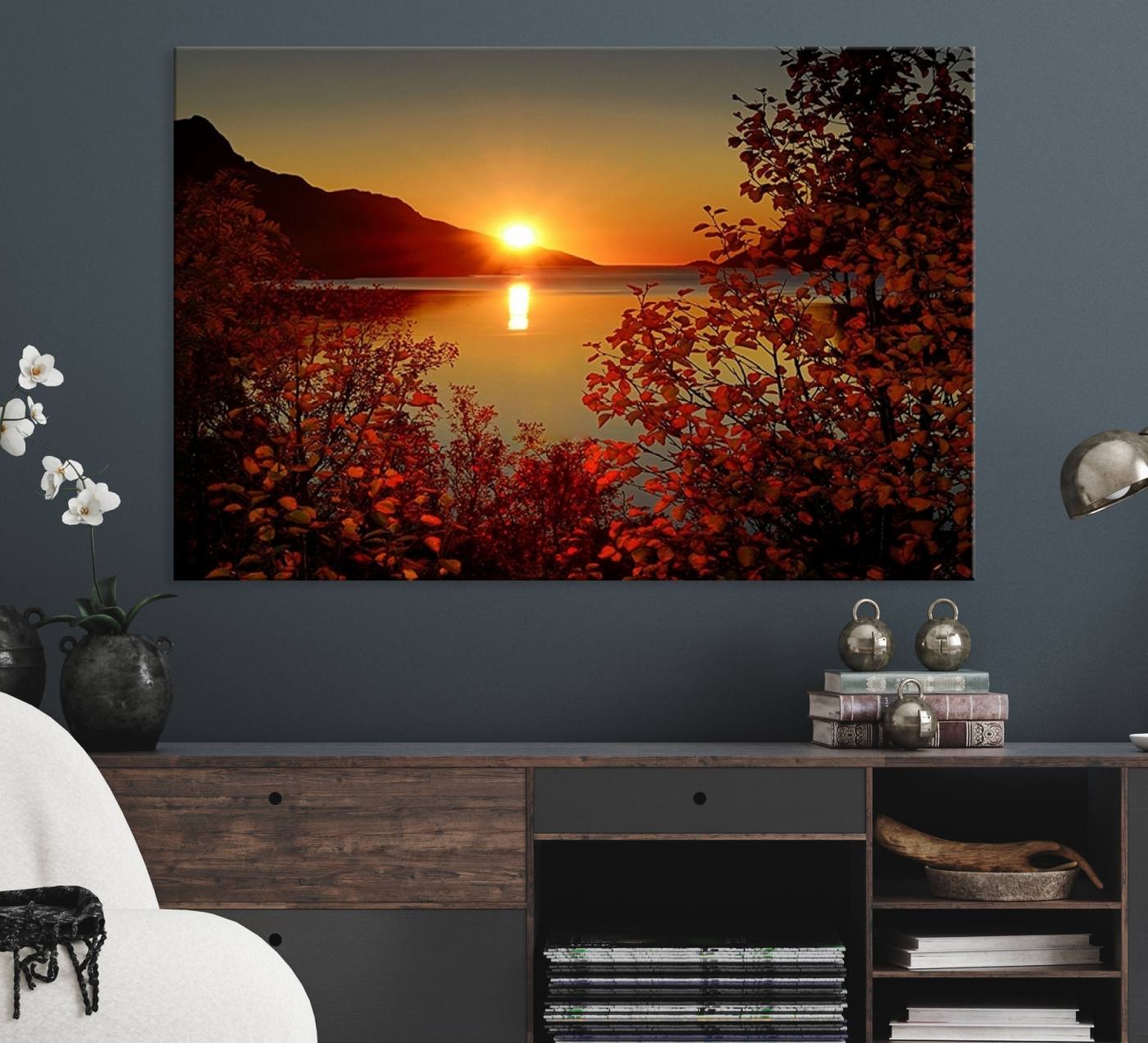 Autumn Sunset Over Lake Canvas Art – Tranquil Nature Landscape for
