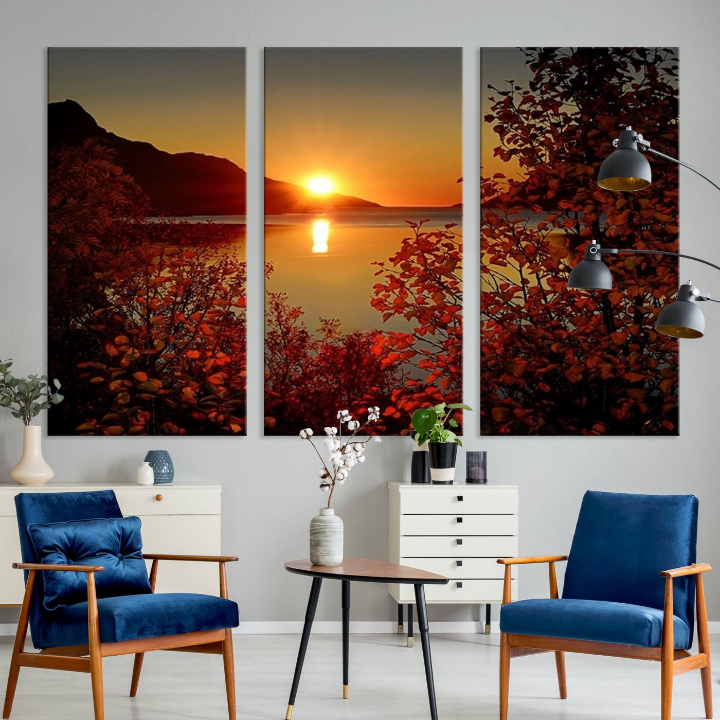 Autumn Sunset Over Lake Canvas Art – Tranquil Nature Landscape for Cozy Home Decor, Large Fall-Themed Wall Art