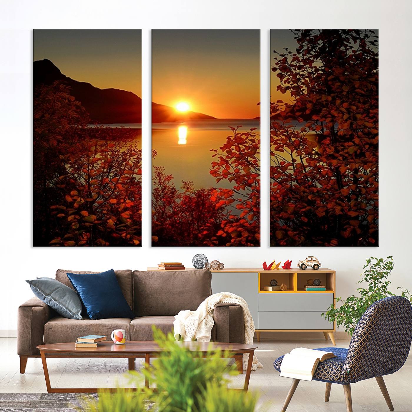 Autumn Sunset Over Lake Canvas Art – Tranquil Nature Landscape for Cozy Home Decor, Large Fall-Themed Wall Art