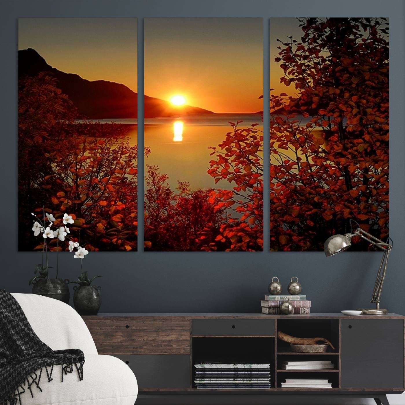 Autumn Sunset Over Lake Canvas Art – Tranquil Nature Landscape for Cozy Home Decor, Large Fall-Themed Wall Art