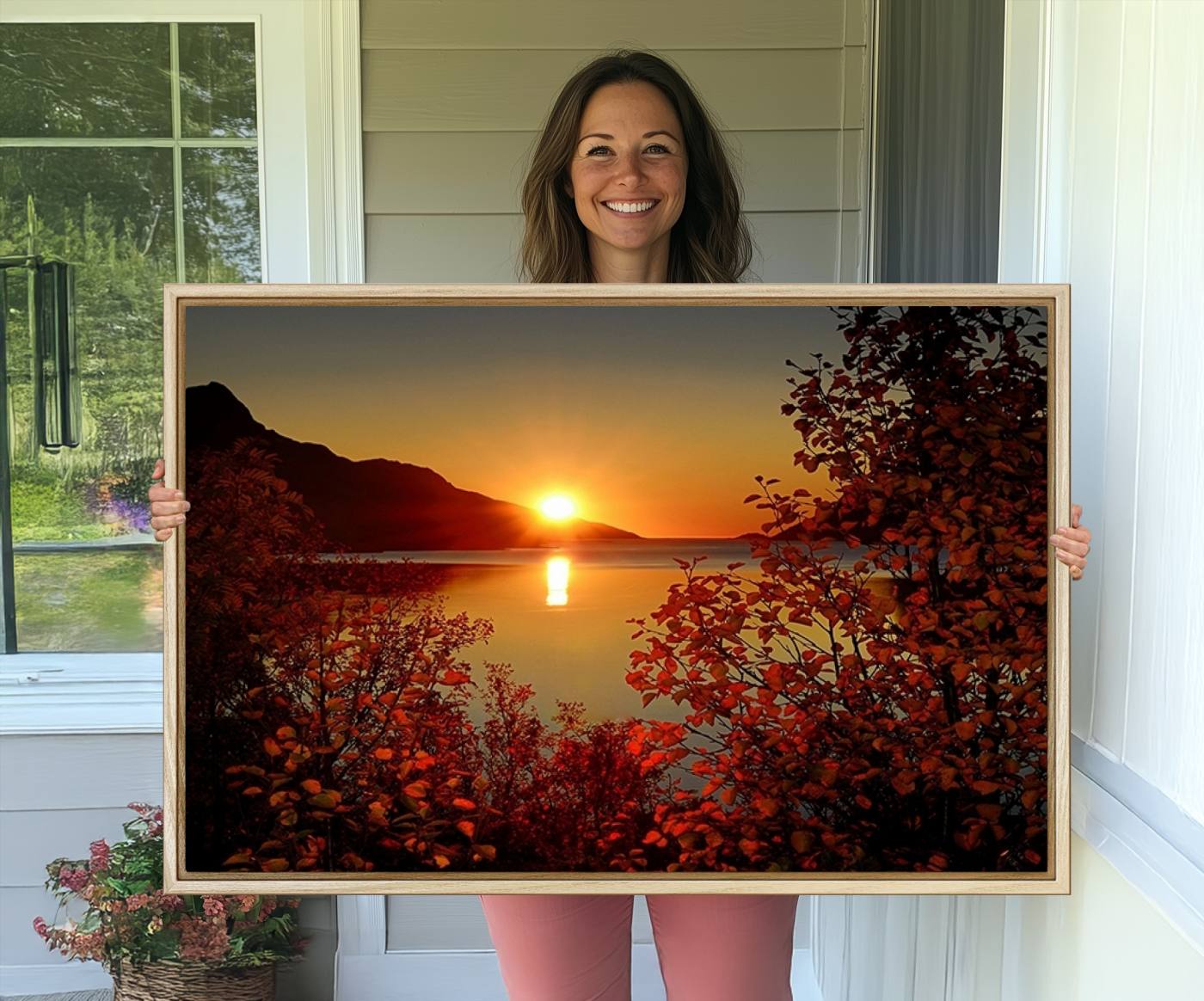 36656-MGV-CV-36X24-Autumn Sunset Over Lake Canvas Art – Tranquil Nature Landscape for Cozy Home Decor, Large