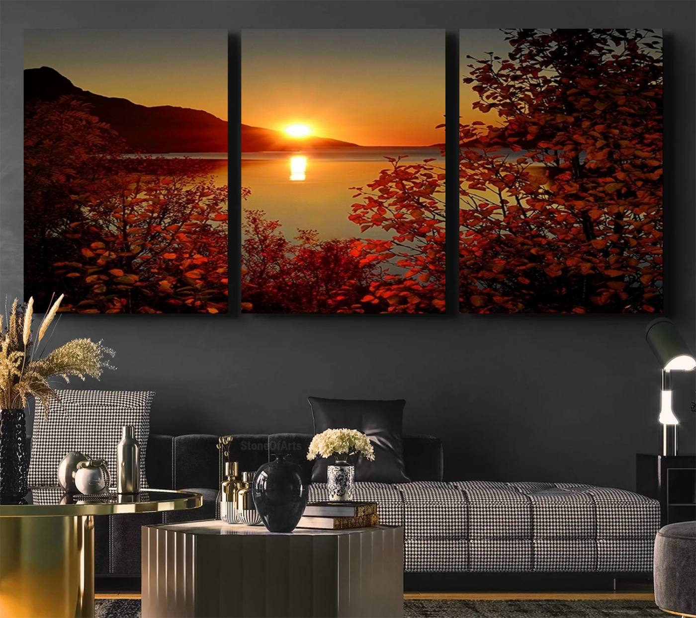 36656-MGV-CV-60X30-3P-Autumn Sunset Over Lake Canvas Art – Tranquil Nature Landscape for Cozy Home Decor, Large