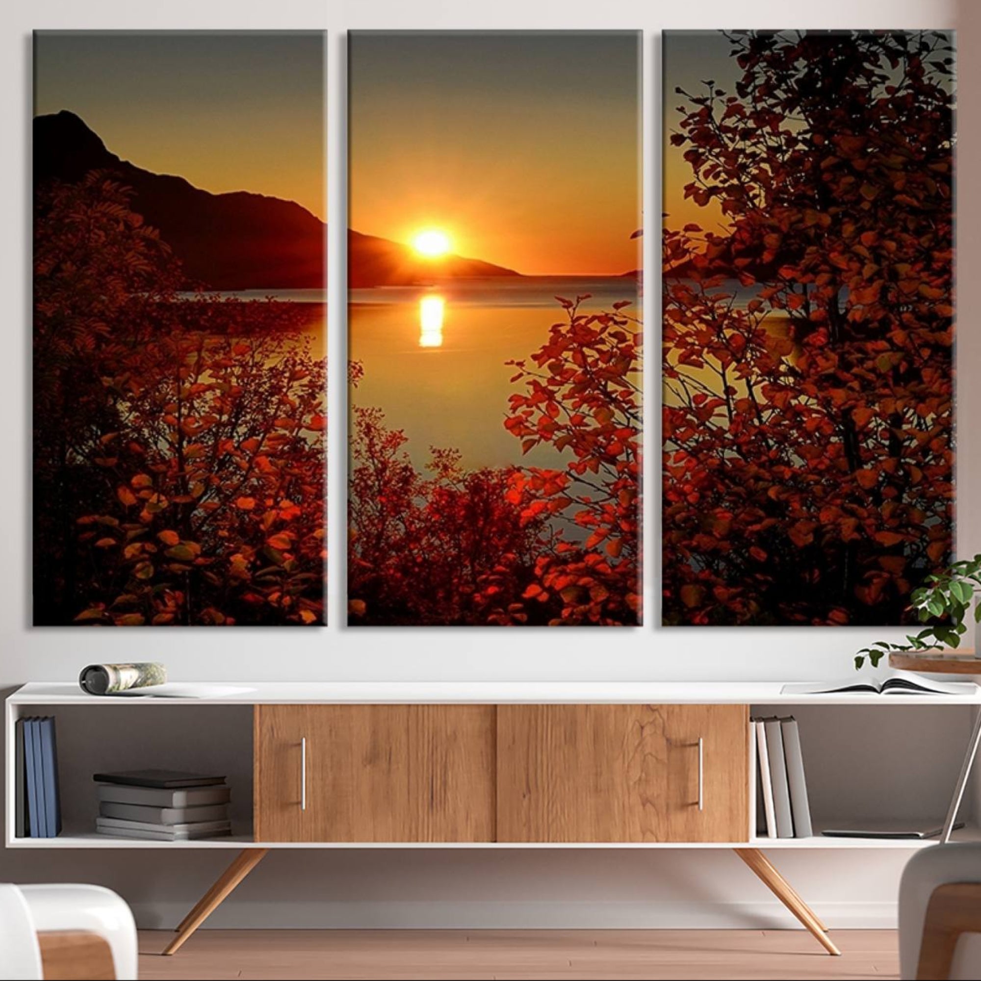 Autumn Sunset Over Lake Canvas Art – Tranquil Nature Landscape for