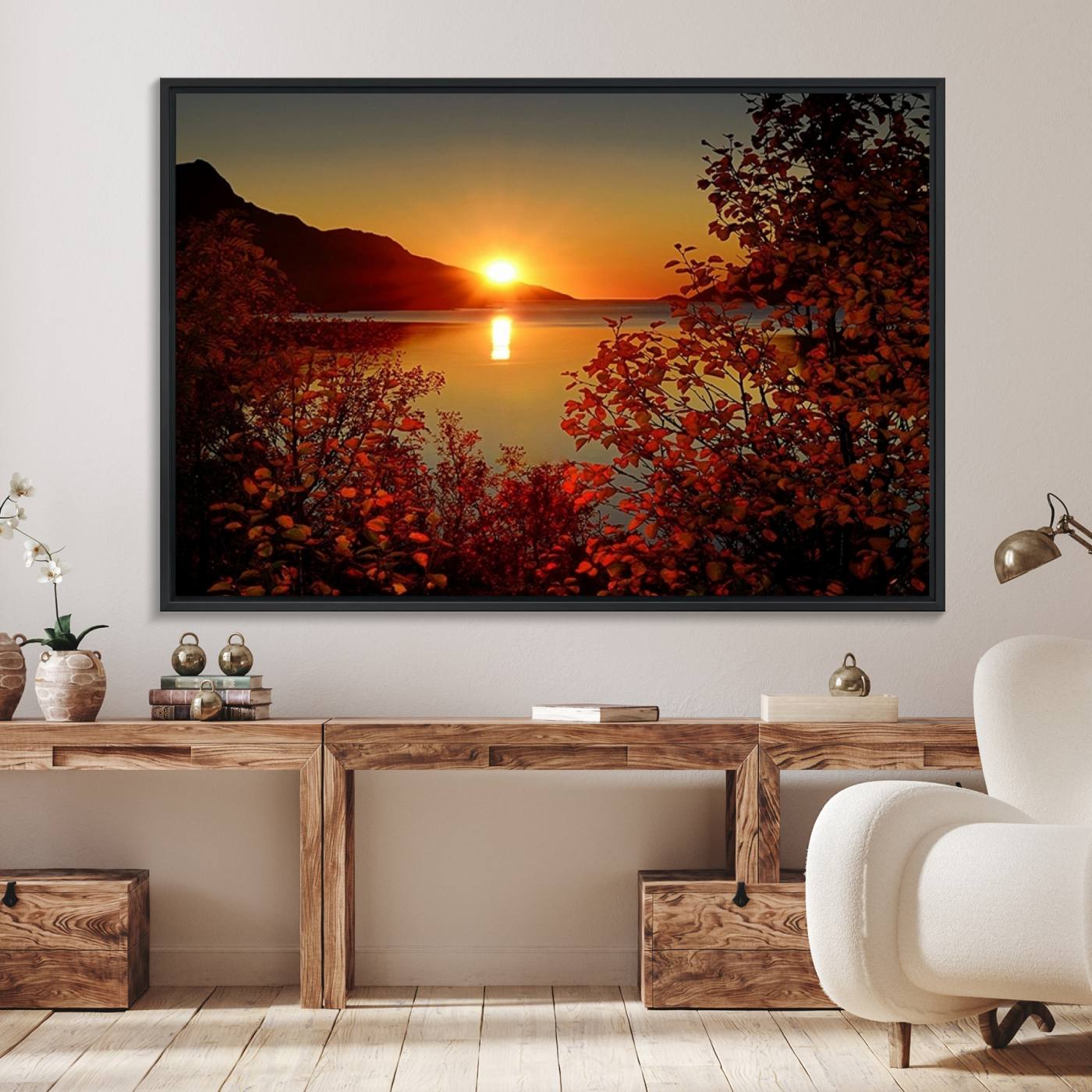 36656-MGV-FC-36X24_Black-Autumn Sunset Over Lake Canvas Art – Tranquil Nature Landscape for Cozy Home Decor, Large Fall-Themed Wall Art