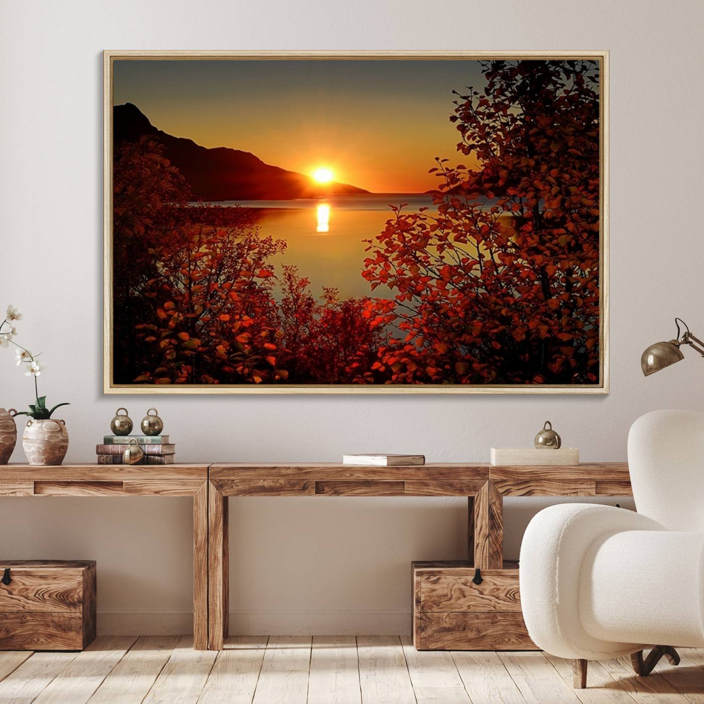 36656-MGV-FC-36X24_Natural-Autumn Sunset Over Lake Canvas Art – Tranquil Nature Landscape for Cozy Home Decor, Large Fall-Themed Wall Art