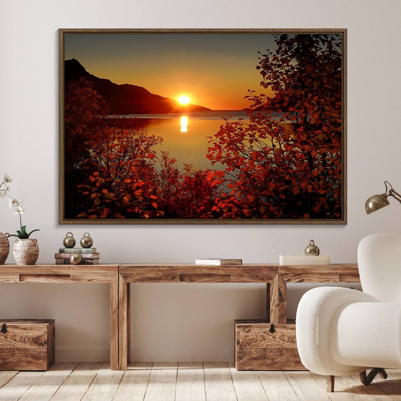 SUNSET キャンバスアート Autumn Sunset Over Lake Canvas Art – Tranquil Nature Landscape for