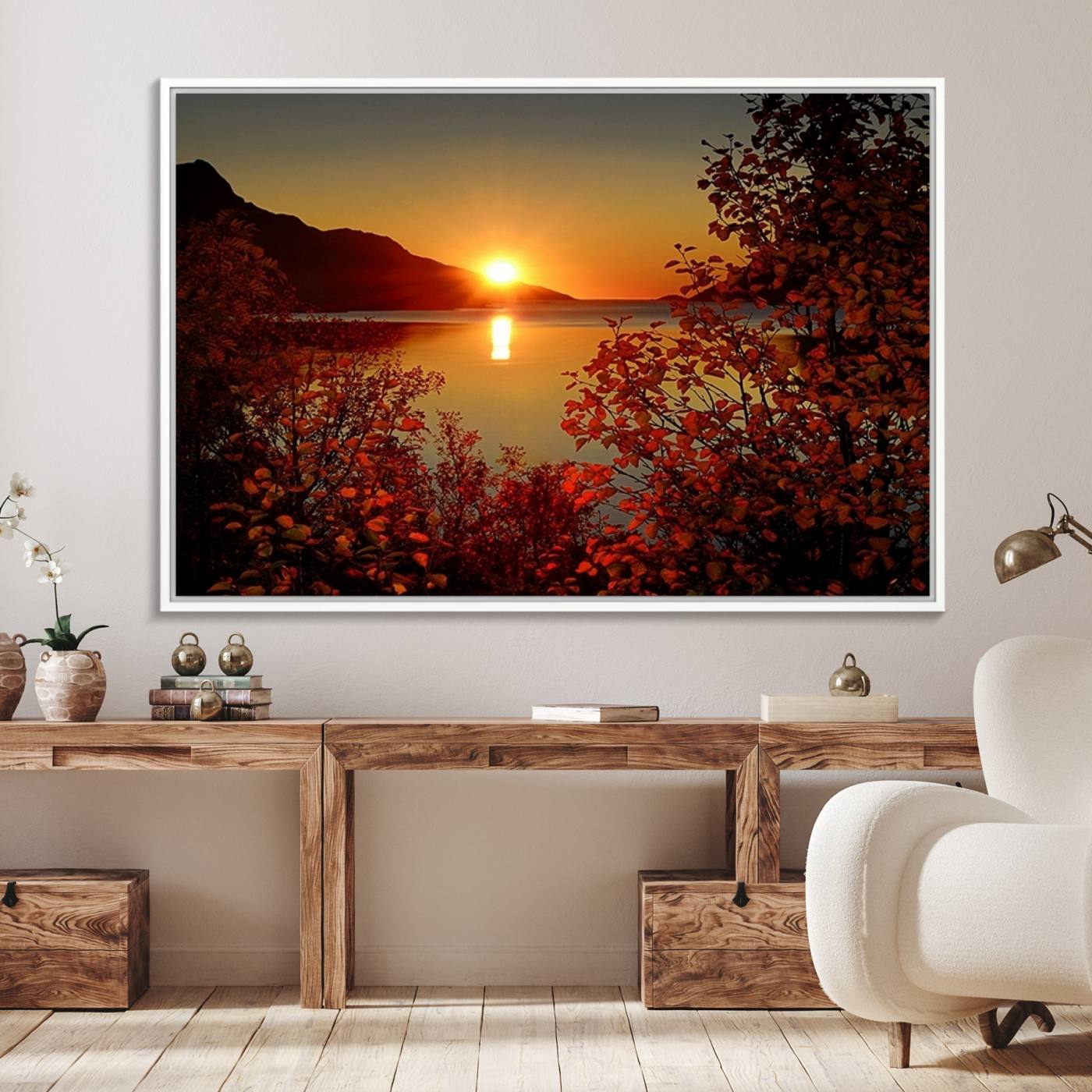36656-MGV-FC-36X24_White-Autumn Sunset Over Lake Canvas Art – Tranquil Nature Landscape for Cozy Home Decor, Large Fall-Themed Wall Art