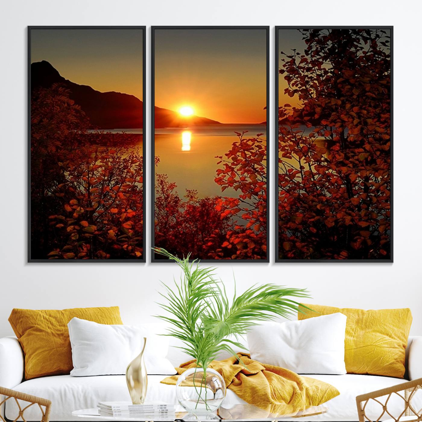 36656-MGV-FC-48X32-3P_Black-Autumn Sunset Over Lake Canvas Art – Tranquil Nature Landscape for Cozy Home Decor, Large Fall-Themed Wall Art