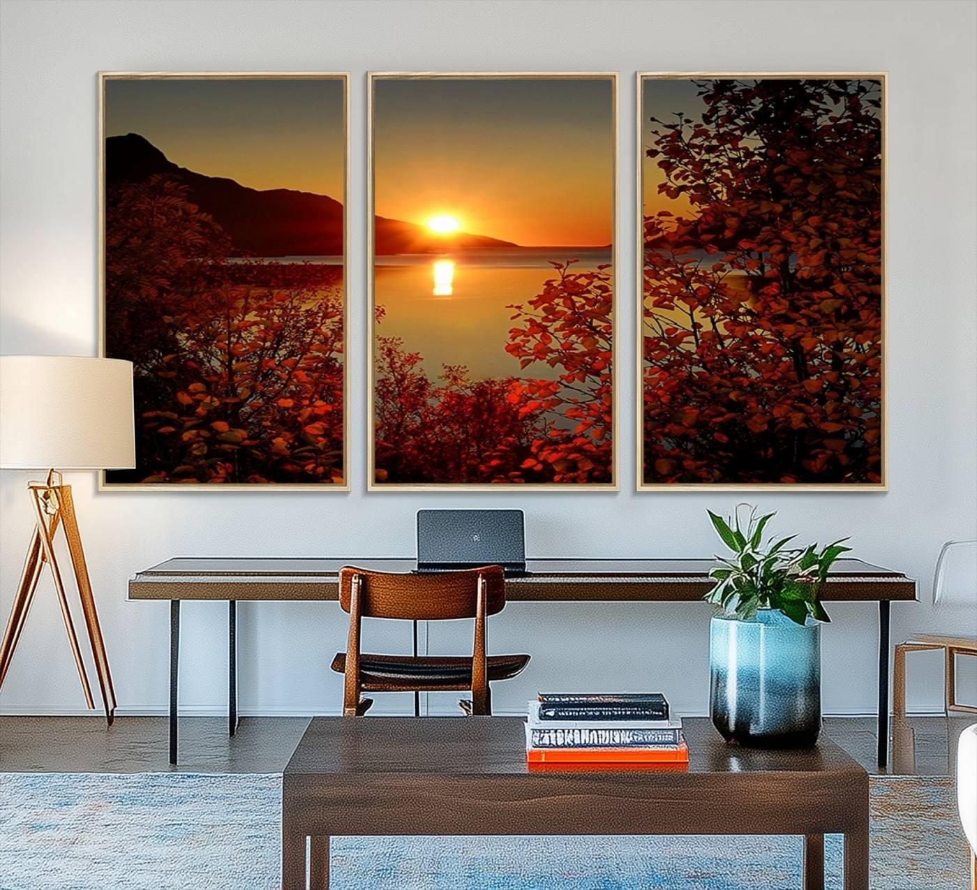 36656-MGV-FC-48X32-3P_Natural-Autumn Sunset Over Lake Canvas Art – Tranquil Nature Landscape for Cozy Home Decor, Large