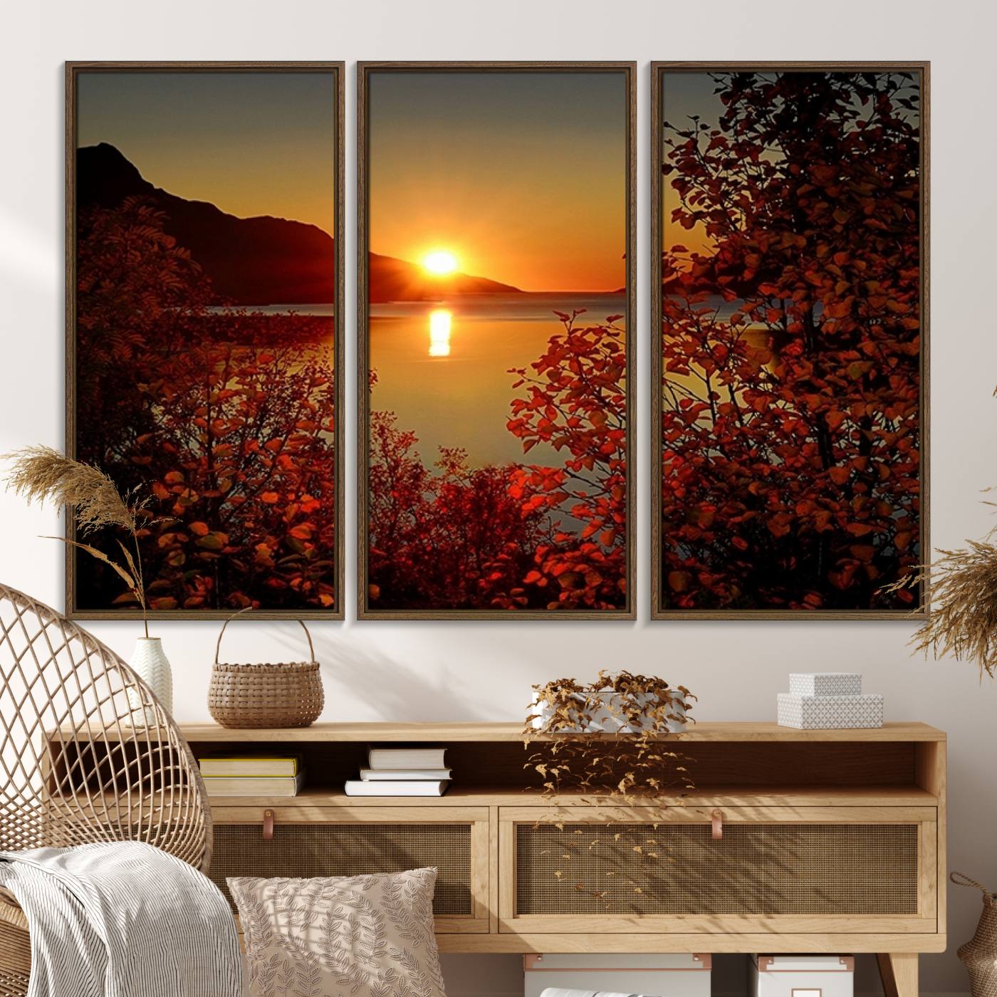 Autumn Sunset Over Lake Canvas Art – Tranquil Nature Landscape for