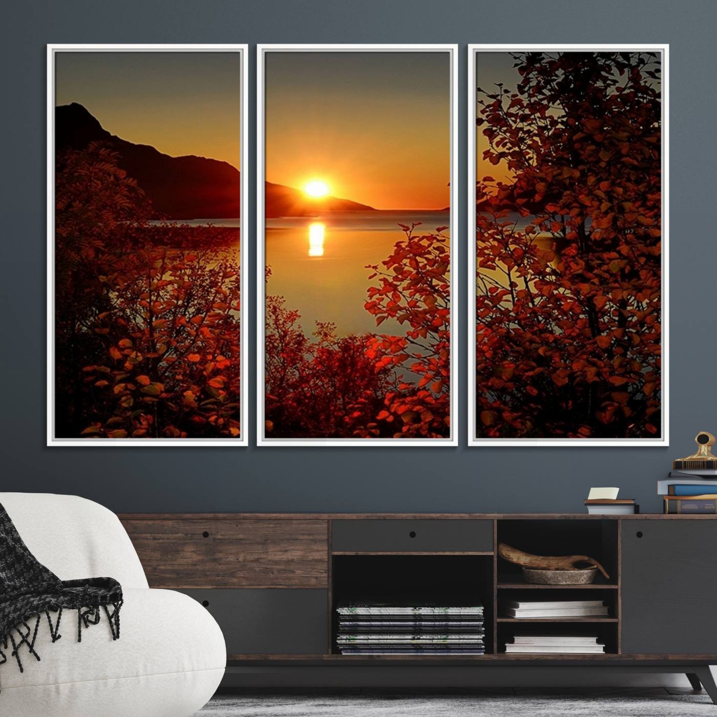 36656-MGV-FC-48X32-3P_White-Autumn Sunset Over Lake Canvas Art – Tranquil Nature Landscape for Cozy Home Decor, Large Fall-Themed Wall Art