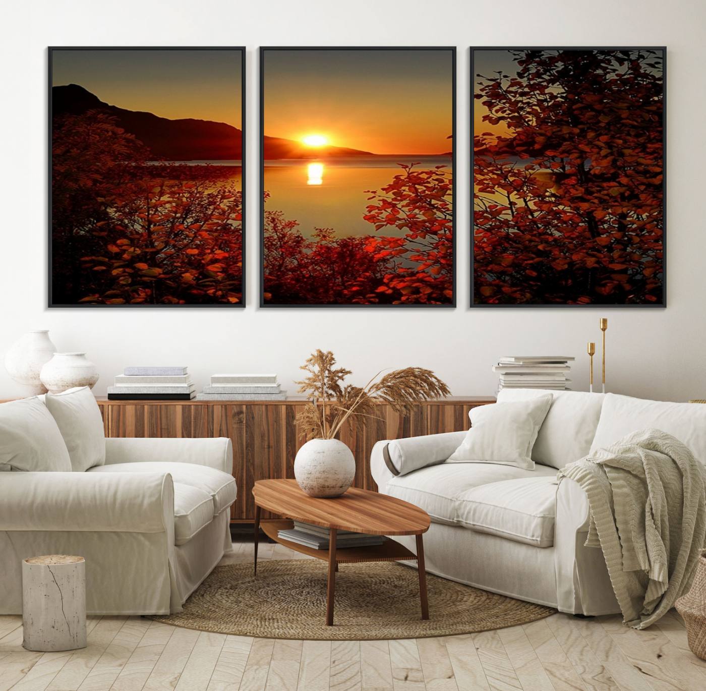 36656-MGV-FC-60X30-3P_Black-Autumn Sunset Over Lake Canvas Art – Tranquil Nature Landscape for Cozy Home Decor, Large