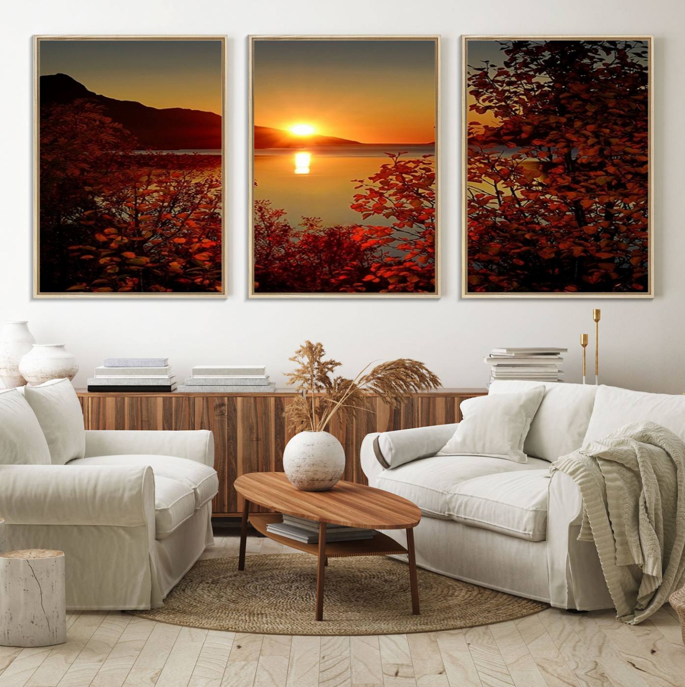 36656-MGV-FC-60X30-3P_Natural-Autumn Sunset Over Lake Canvas Art – Tranquil Nature Landscape for Cozy Home Decor, Large