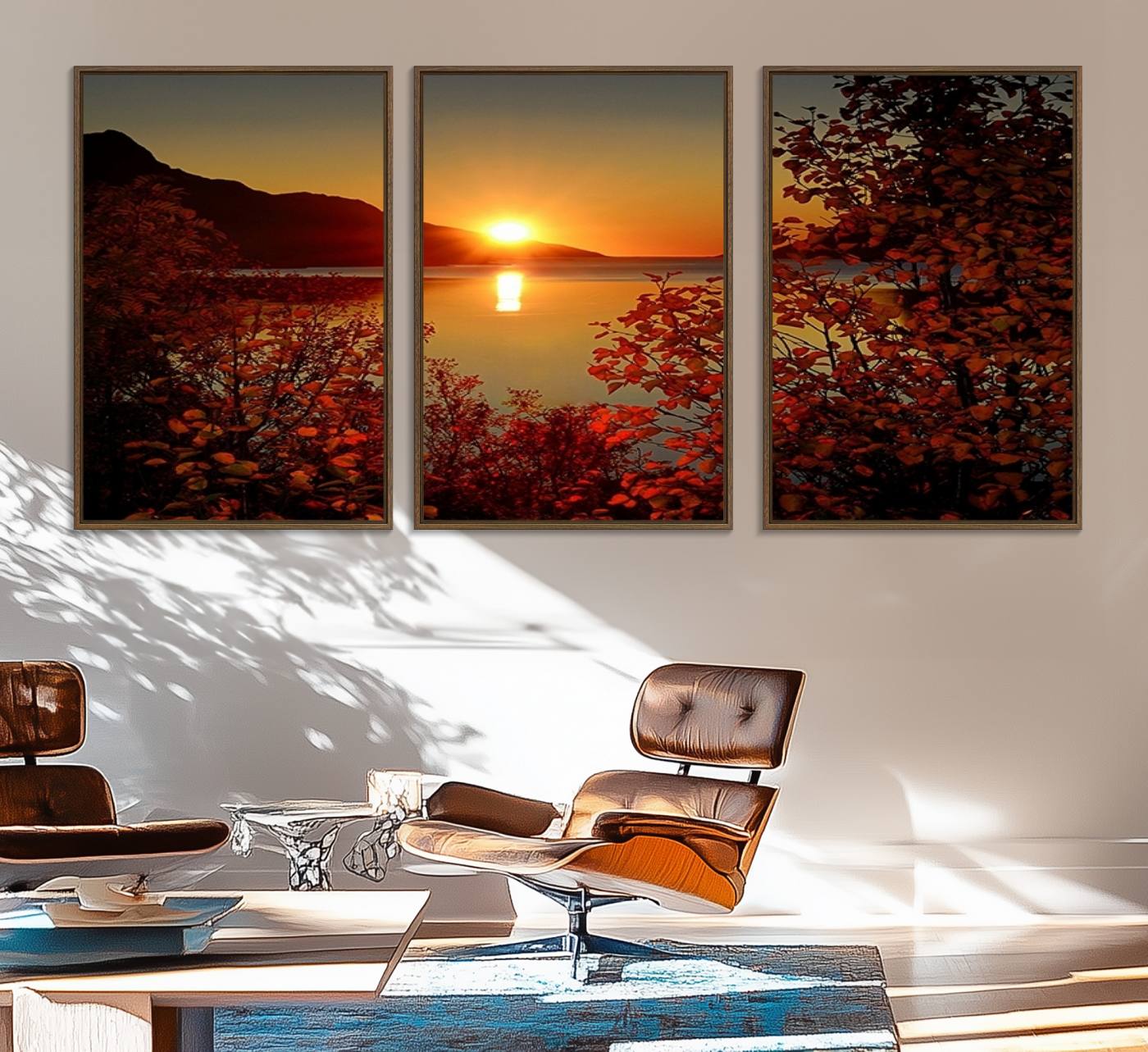 36656-MGV-FC-60X30-3P_Walnut-Autumn Sunset Over Lake Canvas Art – Tranquil Nature Landscape for Cozy Home Decor, Large