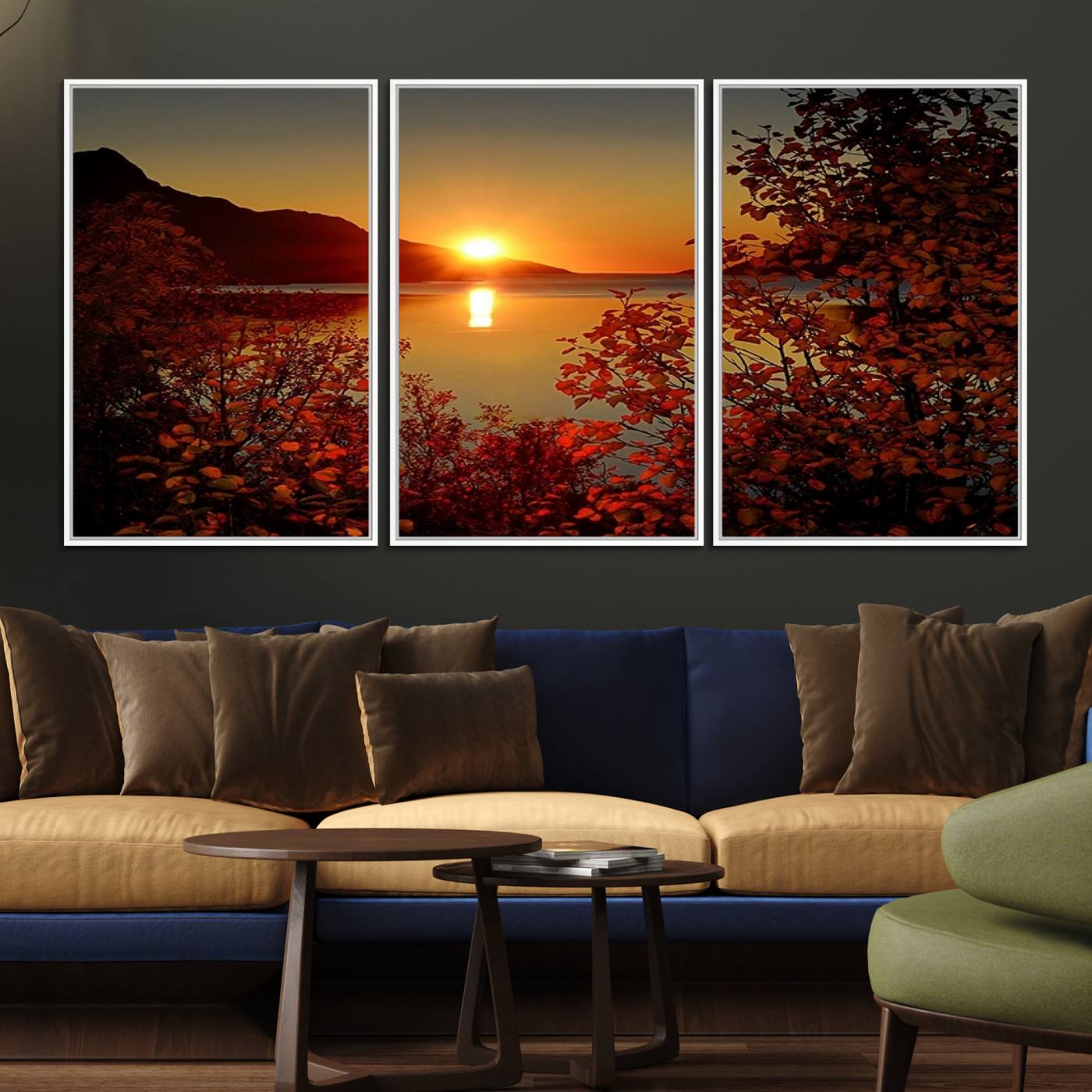 36656-MGV-FC-60X30-3P_White-Autumn Sunset Over Lake Canvas Art – Tranquil Nature Landscape for Cozy Home Decor, Large Fall-Themed Wall Art