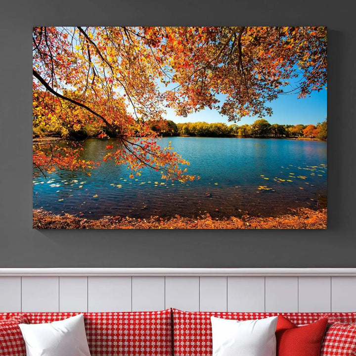 Experience the stunning *Autumn Tree Fall Lake Wall Art Canvas Print* featuring a triptych of autumn leaves over a lake, mounted on museum-quality canvases. Enjoy free shipping when you order this exquisite piece for your space.