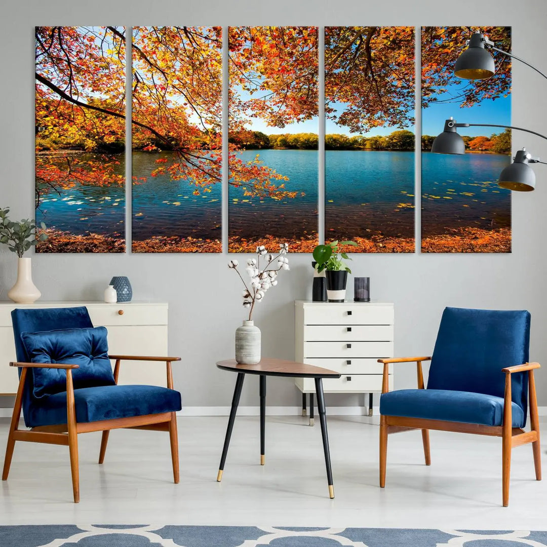 Experience the stunning *Autumn Tree Fall Lake Wall Art Canvas Print* featuring a triptych of autumn leaves over a lake, mounted on museum-quality canvases. Enjoy free shipping when you order this exquisite piece for your space.