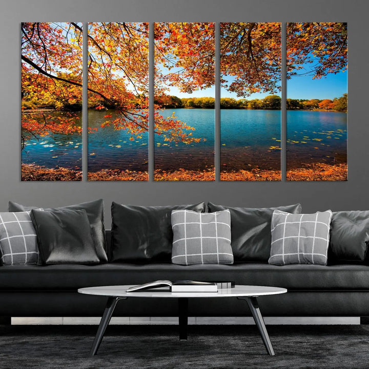 Experience the stunning *Autumn Tree Fall Lake Wall Art Canvas Print* featuring a triptych of autumn leaves over a lake, mounted on museum-quality canvases. Enjoy free shipping when you order this exquisite piece for your space.