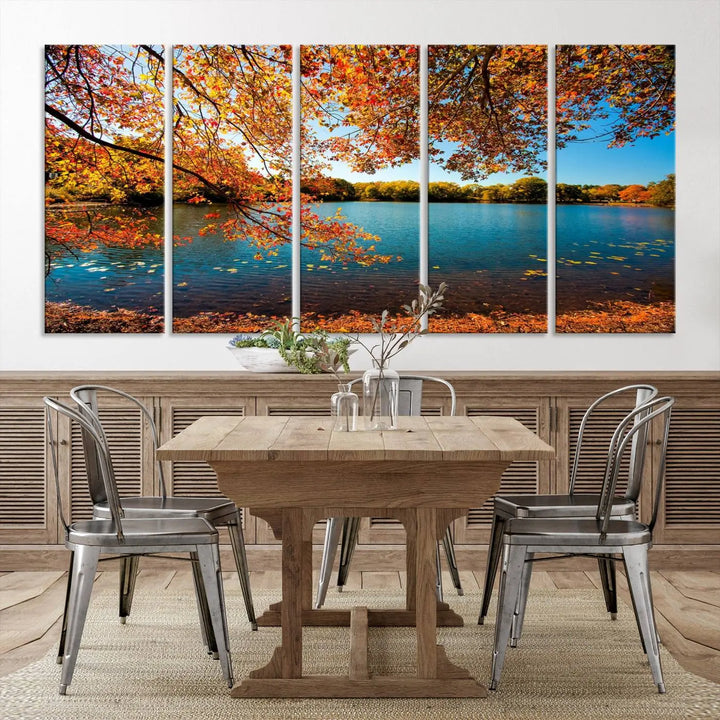 Experience the stunning *Autumn Tree Fall Lake Wall Art Canvas Print* featuring a triptych of autumn leaves over a lake, mounted on museum-quality canvases. Enjoy free shipping when you order this exquisite piece for your space.