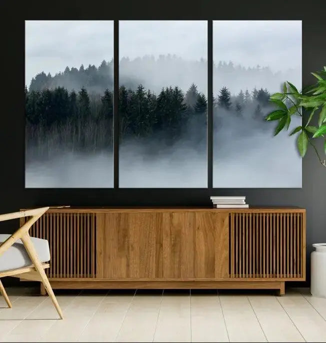 Autumn and Misty Trees in the Forest Wall Art Canvas Print, Foggy Forest Mountain Wall Art Canvas Print