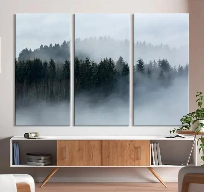 The Autumn and Misty Trees in the Forest Wall Art Canvas Print is crafted on museum-quality canvas with a UV-protective coating. It features a striking three-panel design that portrays a misty forest. This versatile décor piece suits any room, and you can enjoy free shipping directly to your doorstep.