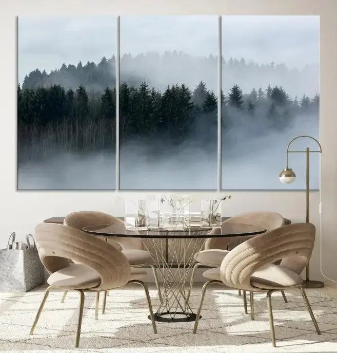 The Autumn and Misty Trees in the Forest Wall Art Canvas Print is crafted on museum-quality canvas with a UV-protective coating. It features a striking three-panel design that portrays a misty forest. This versatile décor piece suits any room, and you can enjoy free shipping directly to your doorstep.