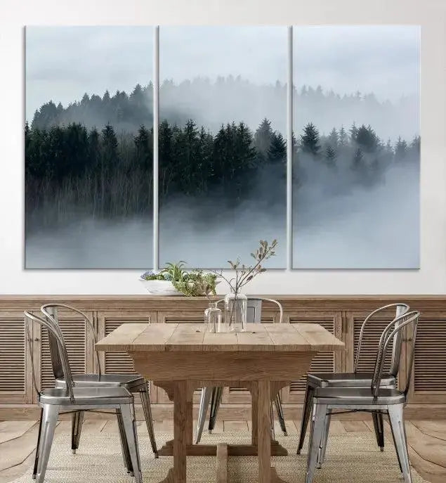 The Autumn and Misty Trees in the Forest Wall Art Canvas Print is crafted on museum-quality canvas with a UV-protective coating. It features a striking three-panel design that portrays a misty forest. This versatile décor piece suits any room, and you can enjoy free shipping directly to your doorstep.