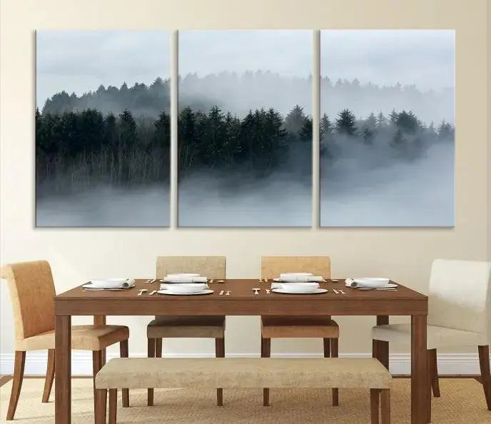 The Autumn and Misty Trees in the Forest Wall Art Canvas Print is crafted on museum-quality canvas with a UV-protective coating. It features a striking three-panel design that portrays a misty forest. This versatile décor piece suits any room, and you can enjoy free shipping directly to your doorstep.