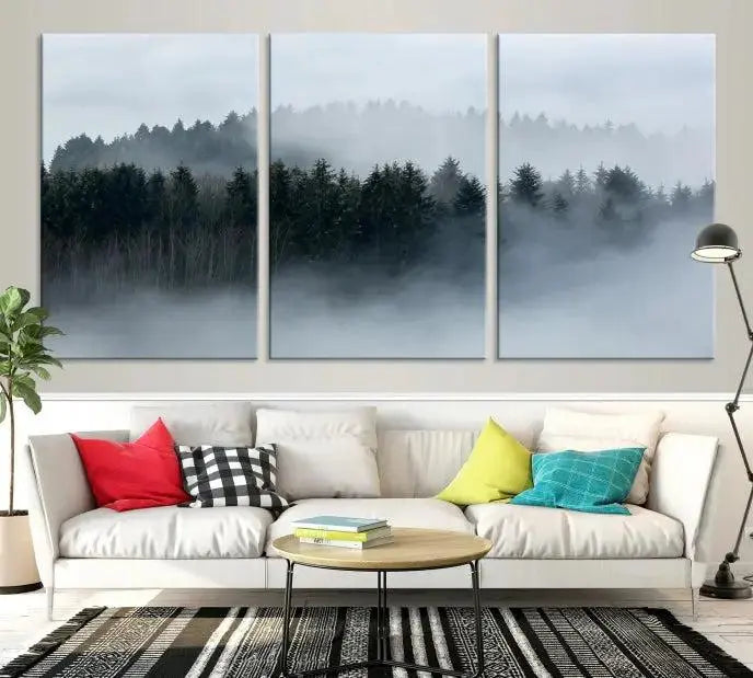 The Autumn and Misty Trees in the Forest Wall Art Canvas Print is crafted on museum-quality canvas with a UV-protective coating. It features a striking three-panel design that portrays a misty forest. This versatile décor piece suits any room, and you can enjoy free shipping directly to your doorstep.