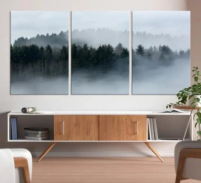 The Autumn and Misty Trees in the Forest Wall Art Canvas Print is crafted on museum-quality canvas with a UV-protective coating. It features a striking three-panel design that portrays a misty forest. This versatile décor piece suits any room, and you can enjoy free shipping directly to your doorstep.