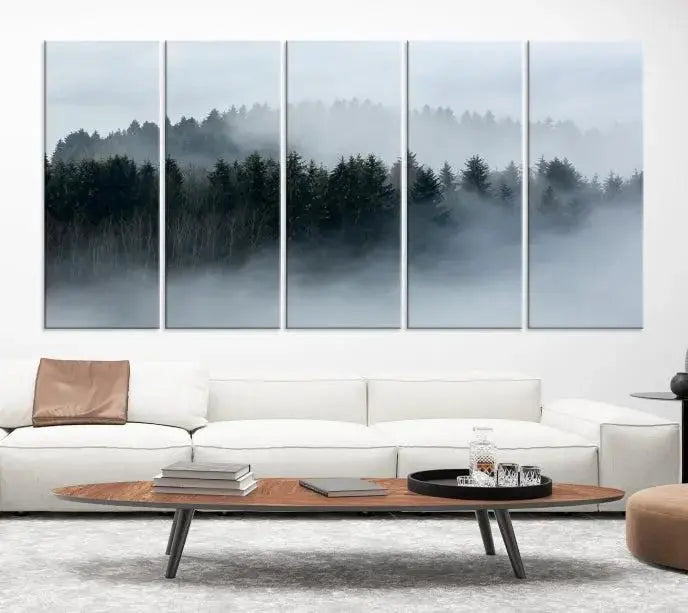 The Autumn and Misty Trees in the Forest Wall Art Canvas Print is crafted on museum-quality canvas with a UV-protective coating. It features a striking three-panel design that portrays a misty forest. This versatile décor piece suits any room, and you can enjoy free shipping directly to your doorstep.