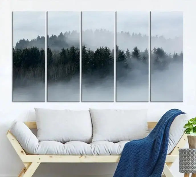 The Autumn and Misty Trees in the Forest Wall Art Canvas Print is crafted on museum-quality canvas with a UV-protective coating. It features a striking three-panel design that portrays a misty forest. This versatile décor piece suits any room, and you can enjoy free shipping directly to your doorstep.