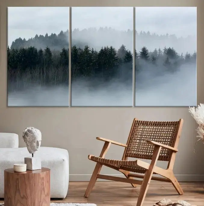 The Autumn and Misty Trees in the Forest Wall Art Canvas Print is crafted on museum-quality canvas with a UV-protective coating. It features a striking three-panel design that portrays a misty forest. This versatile décor piece suits any room, and you can enjoy free shipping directly to your doorstep.