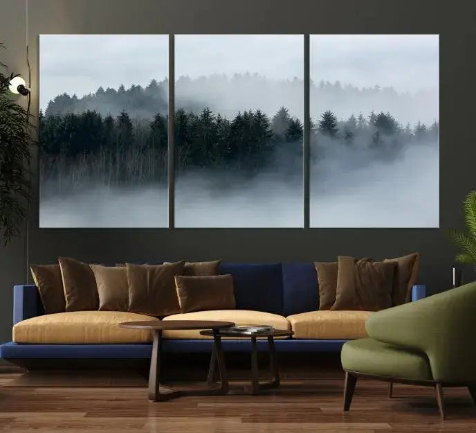 The Autumn and Misty Trees in the Forest Wall Art Canvas Print is crafted on museum-quality canvas with a UV-protective coating. It features a striking three-panel design that portrays a misty forest. This versatile décor piece suits any room, and you can enjoy free shipping directly to your doorstep.