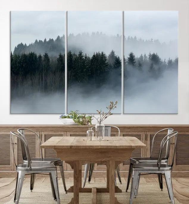 The Autumn and Misty Trees in the Forest Wall Art Canvas Print is crafted on museum-quality canvas with a UV-protective coating. It features a striking three-panel design that portrays a misty forest. This versatile décor piece suits any room, and you can enjoy free shipping directly to your doorstep.